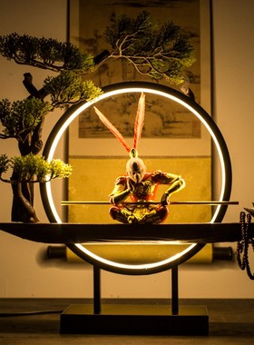 倒流香孙悟空大圣家居q客厅办公室茶桌创意灯圈禅意发光装饰品摆