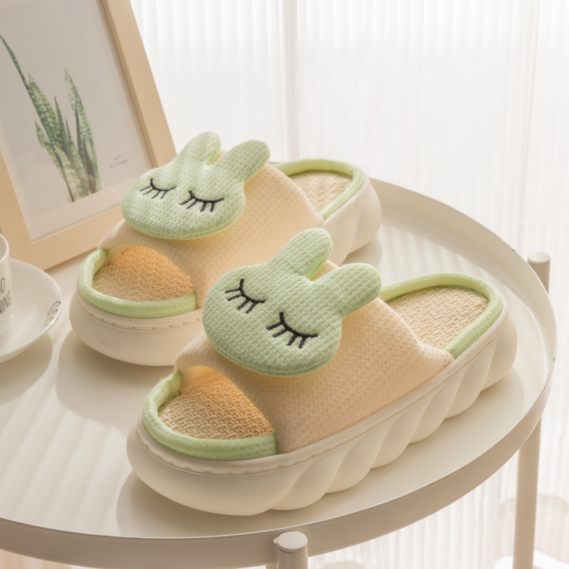 四季亚麻拖鞋女夏季可爱厚底踩屎感春秋居家室内T地板棉麻布艺凉