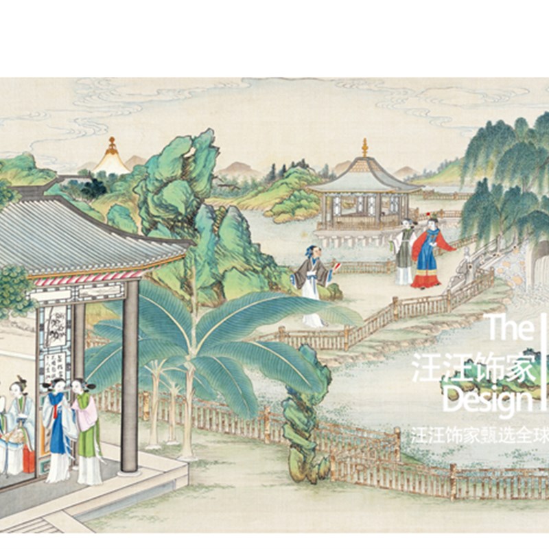 新古典仕女风景图新中式壁纸红楼梦H插画无缝墙布壁画个性定制