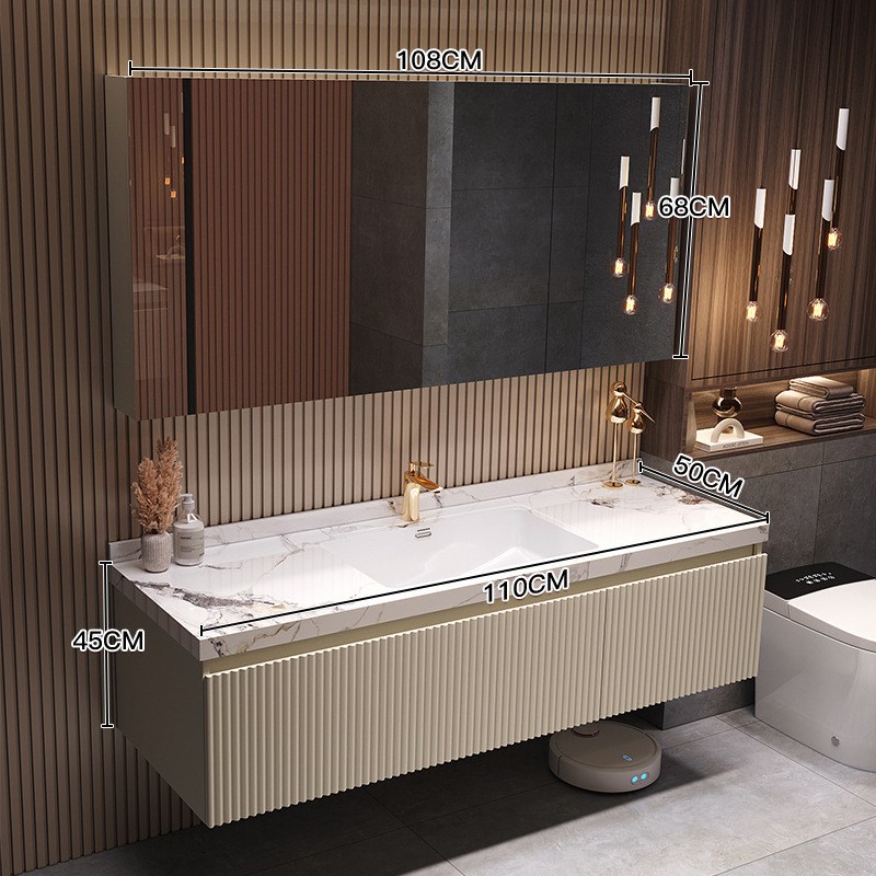 浴室柜组合圆镜实木岩板陶瓷无缝一体F盆新款卫生间洗手洗脸洗漱