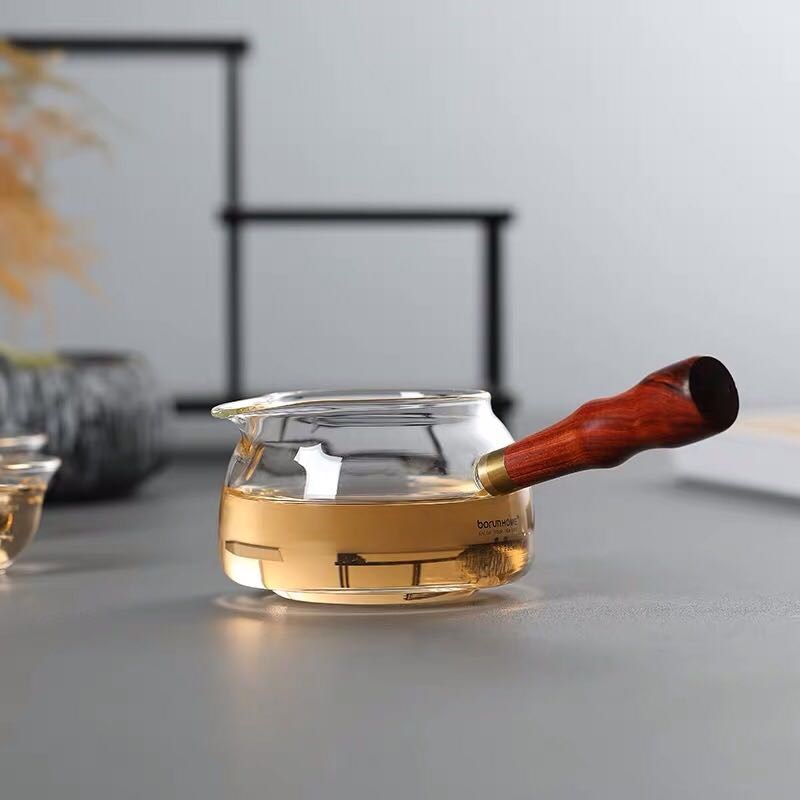实木侧把公道杯耐热玻璃分茶器y可拆卸花梨木把煮茶器茶壶功夫茶