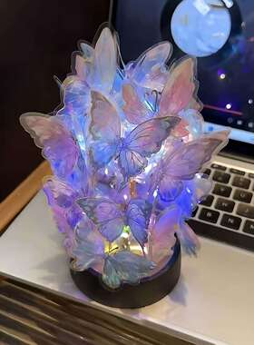 蝴蝶小夜灯手工diy材料包卧室家用创意炫彩蝴蝶玻璃罩氛围灯摆件