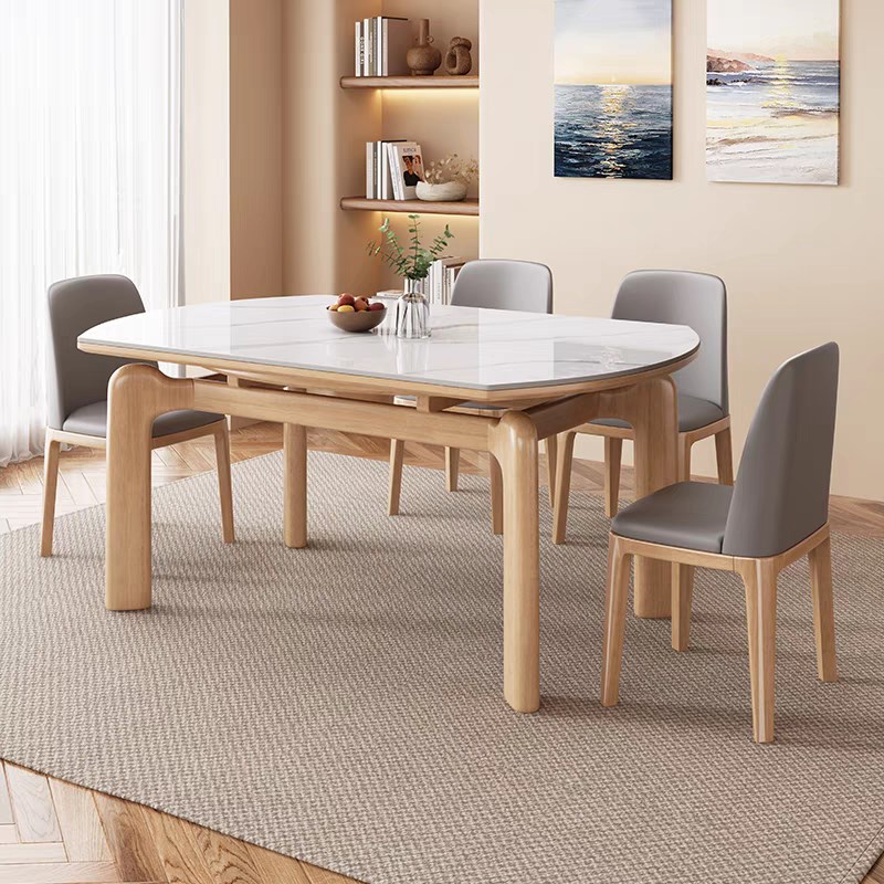 实木岩板餐桌椅组合奶油风圆桌家用小户型可伸缩折叠变.圆吃饭桌