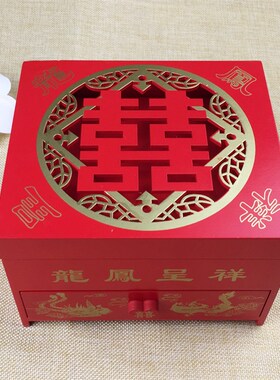 新款中式小木盒复古木质首饰盒 梳妆盒结婚新娘T红色带镜子化妆盒