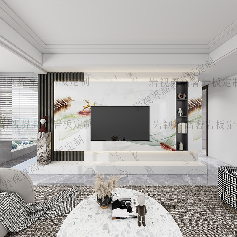 岩板电视背景墙轻奢高级感s2025悬浮款瓷砖大理石奢石悬空现代客