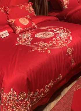V3FP刺绣龙凤被套婚庆喜被四件套结婚纯棉大红色婚礼床上