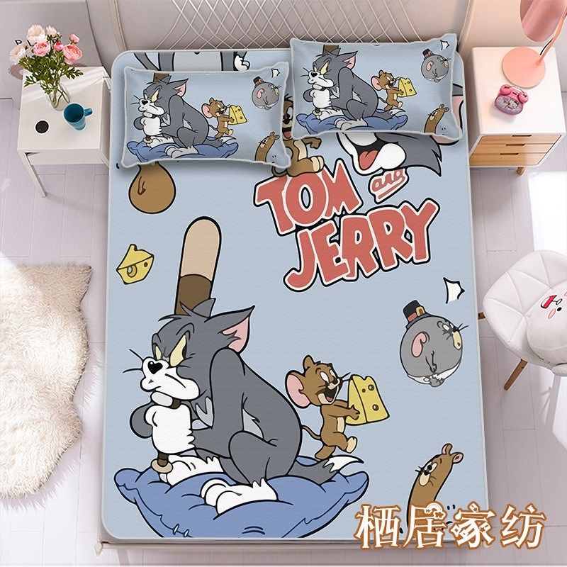 卡通猫和老鼠牛奶丝凉席宿舍三件套夏季儿童N可折叠凉席家用软席