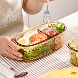 玻璃分隔商用密封碗玻璃饭盒带盖碗便当盒可微波炉加热专用保鲜盒