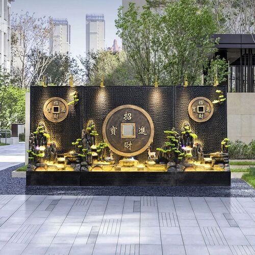大型水幕墙庭院假山鱼池别墅玄关屏风酒店K流水墙造景花园喷泉摆