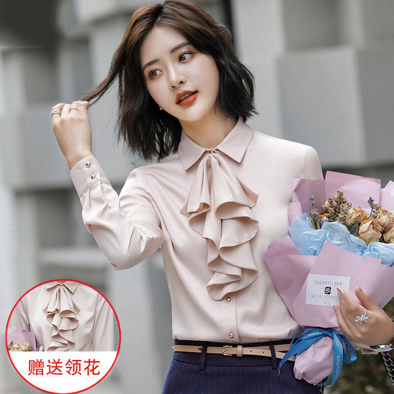白衬衫雪纺女垂感长袖时尚t洋气2021新款春季气质荷叶边职业装衬