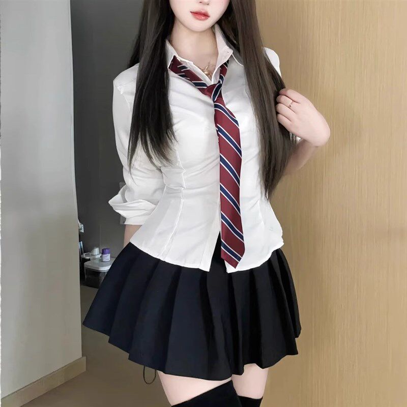 胖MM200斤特大码收腰r衬衫女法式学院风长袖白衬衣显瘦jk制服套装