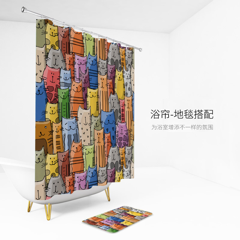 卡通猫咪浴帘防水布帘子隔断挂帘卫生H间洗澡帘防水防霉加厚套装