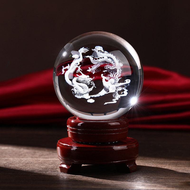 白色水晶球水晶球透明雕刻定制龙凤呈祥玻璃球装T饰品客厅办公桌