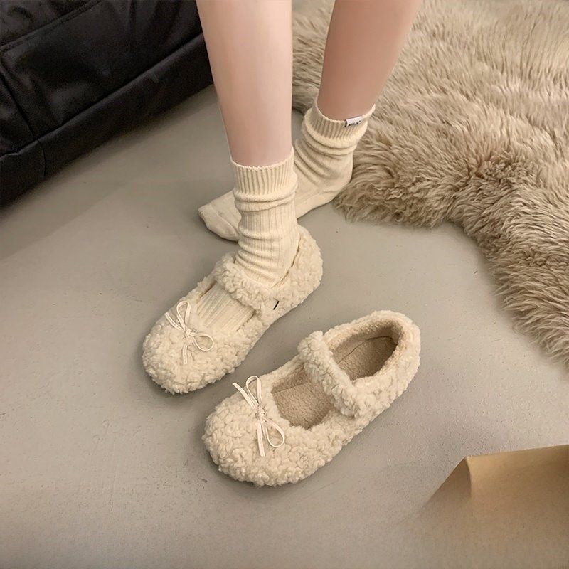 仙女风平底毛毛鞋女外穿2025秋冬新款蝴蝶结加绒保暖豆豆棉鞋瓢鞋,女鞋,浅口单鞋,淘宝优惠券,粉丝福利购,淘宝优惠卷