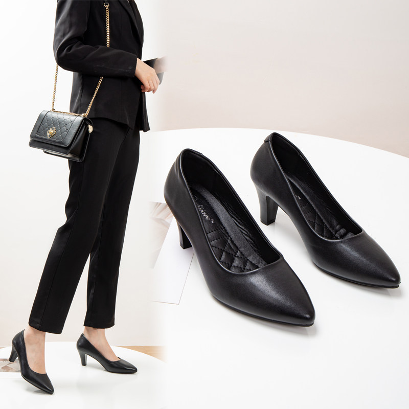 空姐工作鞋女黑色面试酒店职业鞋软底皮鞋高跟细跟U粗跟单鞋女春