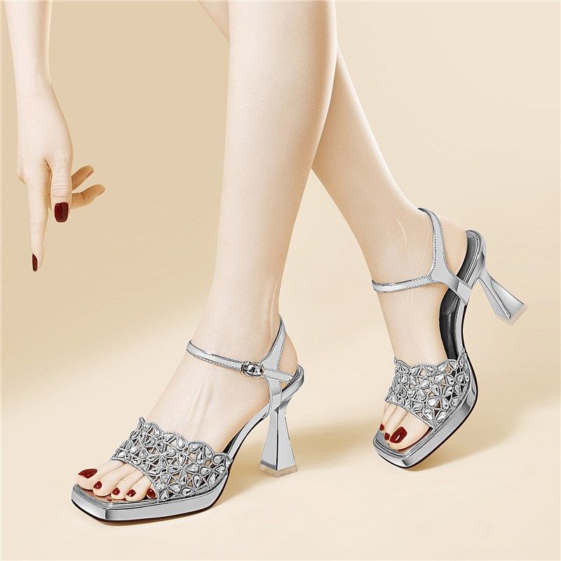 露趾超高跟一字凉鞋女2025夏季新方头细跟银色蕾丝水钻镂空防水台,女鞋,一字带凉鞋,淘宝优惠券,粉丝福利购,淘宝优惠卷