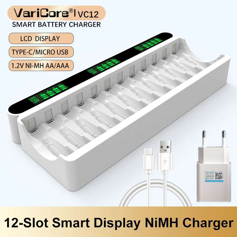 VariCore 12槽1.2V 5号7号AA AAA镍氢电池液晶智能充电器带插头