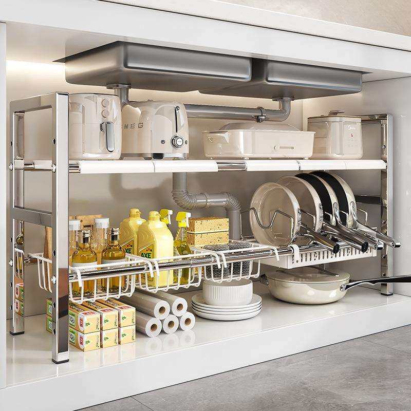 厨房置物架多功能不锈钢白色柜台面洗碗池下水槽多层可调节置物架