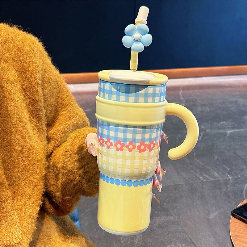 陶瓷内胆保温杯学生上学专用高颜值D把手冰霸杯女生可爱便携吸管