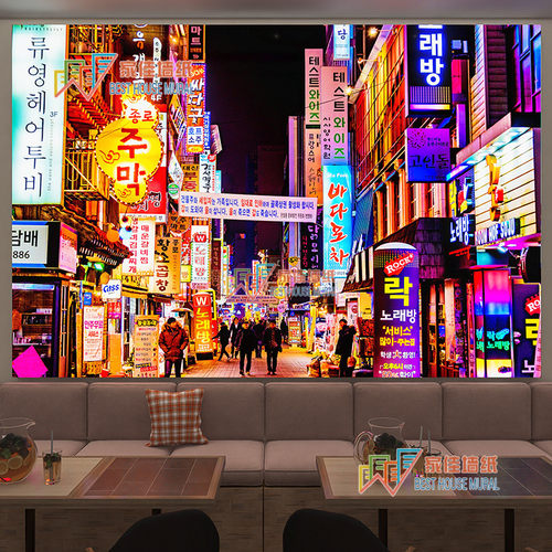 韩式街景料理店韩国烤肉店装饰画广告招H牌韩文发光卡布uv软膜灯