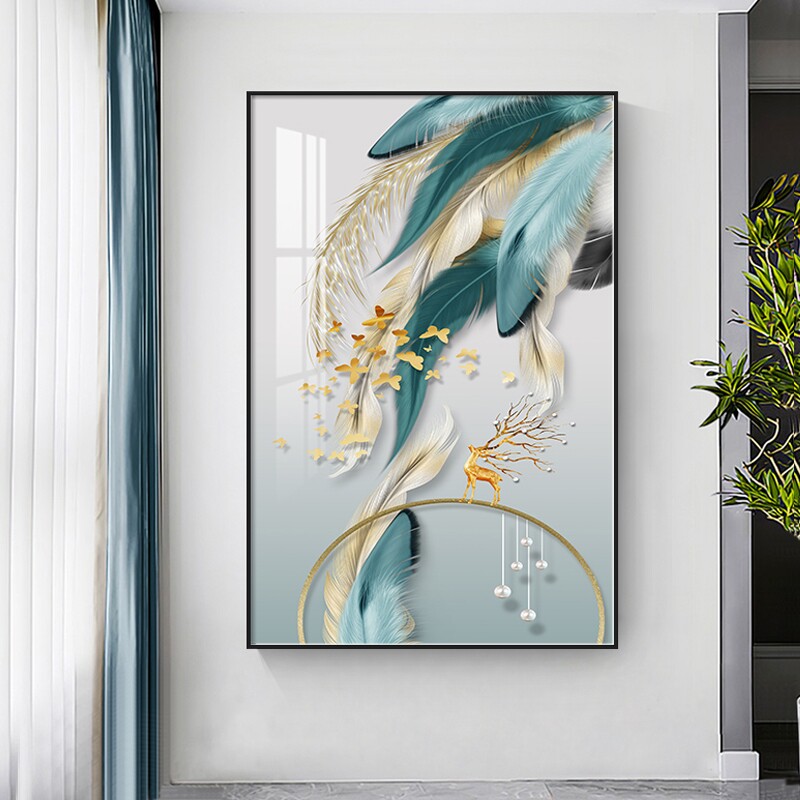 现代客厅装饰画h竖版简约入户玄关挂画走廊过道羽毛单幅餐厅墙壁