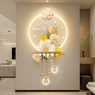 奶油风入户花朵j玄关装 饰画带灯发光走廊尽头挂画立体吊坠高档壁