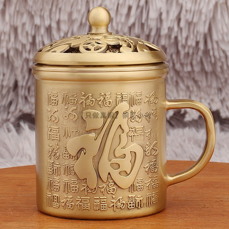 纯黄铜茶缸带把老式茶缸子转转百福茶缸大茶杯盖子可X旋转铜工艺
