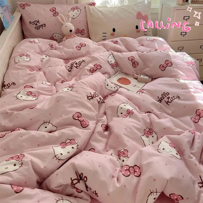 少女心kitt猫水洗棉床上四件套可爱儿童床单被套大学生Y宿舍三件