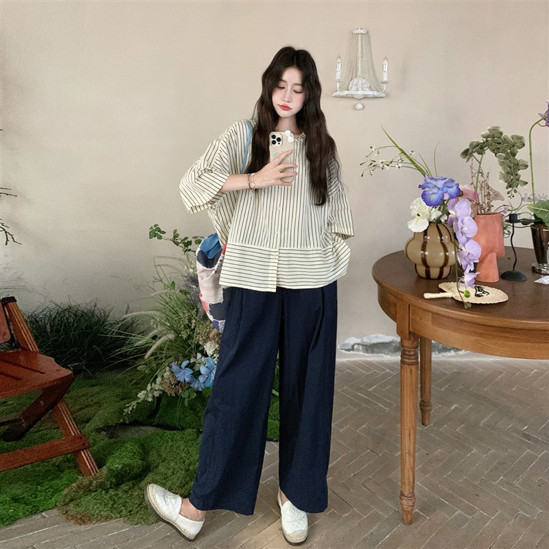 韩系慵懒风条纹衬衫m套装女2025年夏季新款小个子时尚阔腿裤两件