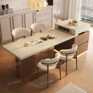 中古洞石岛台餐桌一体可伸缩小户型胡桃木色泡茶多功能高级感导台