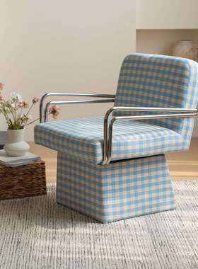 可旋转沙发椅子淡蓝色babyblue休闲懒人椅韩风蓝白格子旋转梳妆椅