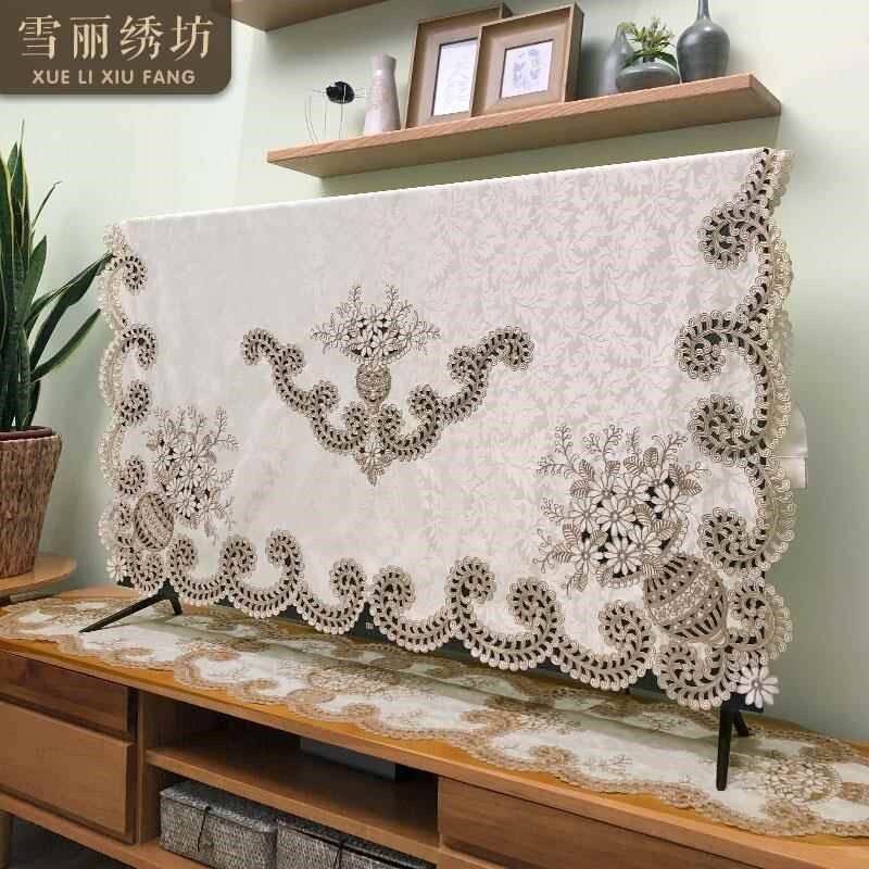电视防尘罩液晶曲屏55寸65寸75寸刺绣布艺盖巾欧式新中式花团锦簇