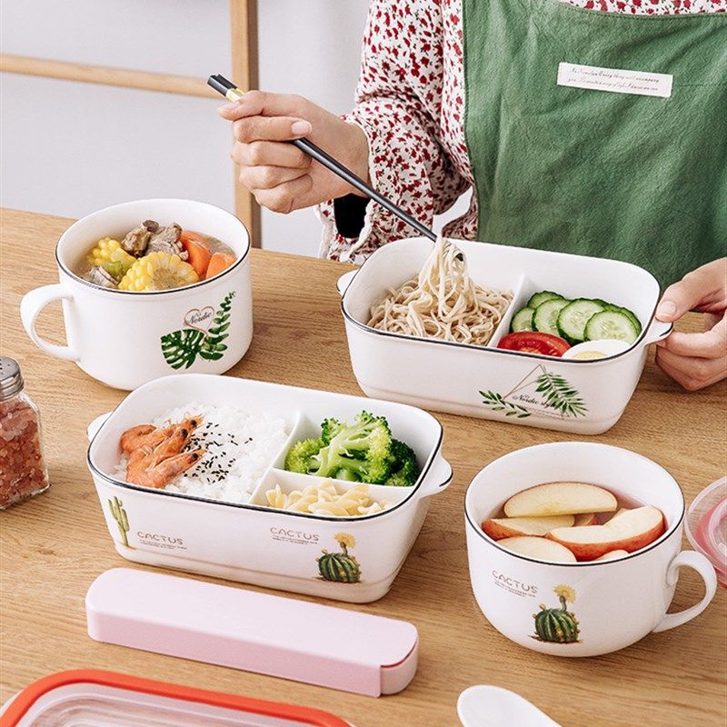 带汤杯的陶瓷分格饭盒便当盒带盖密封微波炉专用上班族带饭保鲜碗,餐饮具,保鲜盒,淘宝优惠券,粉丝福利购,淘宝优惠卷