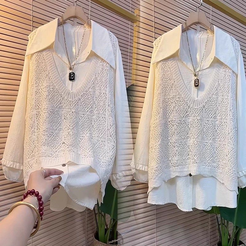 大码森系钩花镂空马甲衬衫两件套胖妹妹宽松遮肚显瘦减龄衬衣套装,女装/女士精品,大码套装,淘宝优惠券,粉丝福利购,淘宝优惠卷