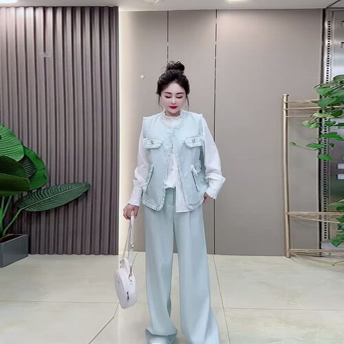 加肥女圆领开衫毛边马甲净版阔腿长裤胖妹妹N气质韩版通勤风两件
