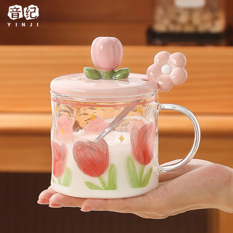 玻璃马克杯带盖勺女生咖啡燕麦早餐杯G高颜值水杯办公室耐高温杯