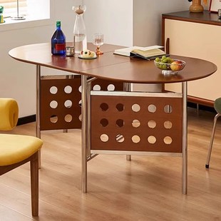 中古实木折叠合意餐桌小户型家用不锈钢椭圆形桌子可伸缩设计茶几