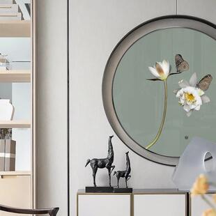 梦蝶新中式植物花卉装饰画软装入户玄关圆形挂画蝴蝶客厅过道壁画