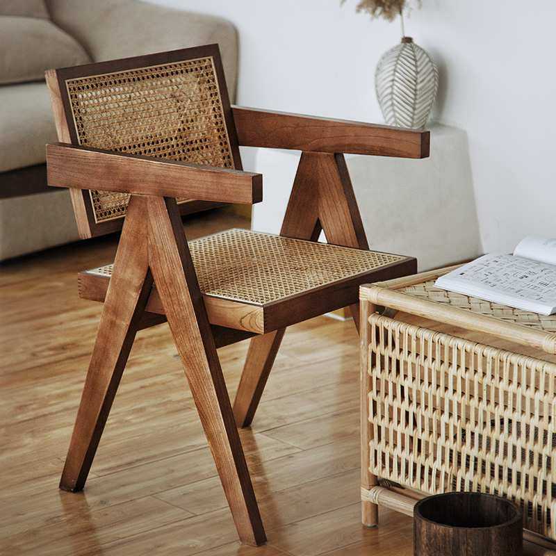 藤编椅子昌迪加尔椅藤椅沙发天然真藤咖啡馆民宿家用中古实木餐椅