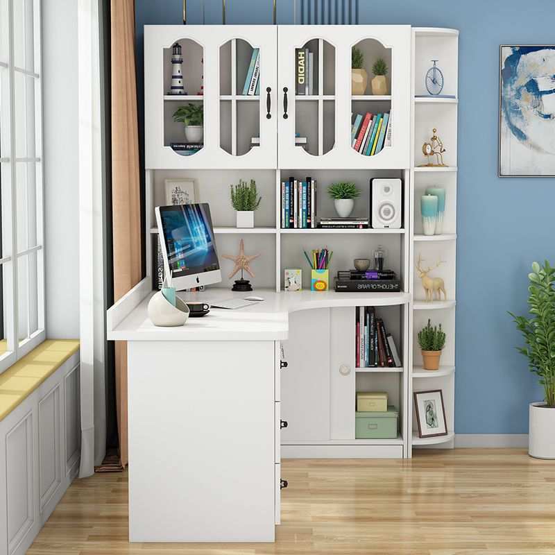 实木书桌书架一体简约家用学生学习写字桌书柜组合转角电脑台式桌