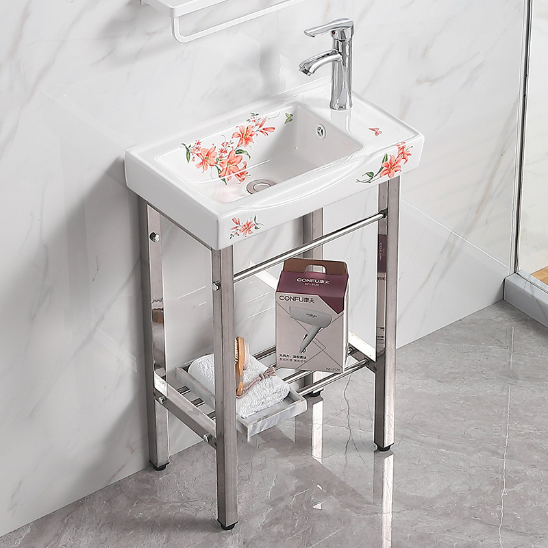 小户型洗b手盆落地不锈钢架彩花洗脸池卫生间阳台柱盆户外一体台