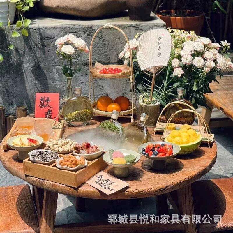 中式老榆木围炉冰茶桌阳台户外烧烤桌便携式露营做旧老门板冰茶桌