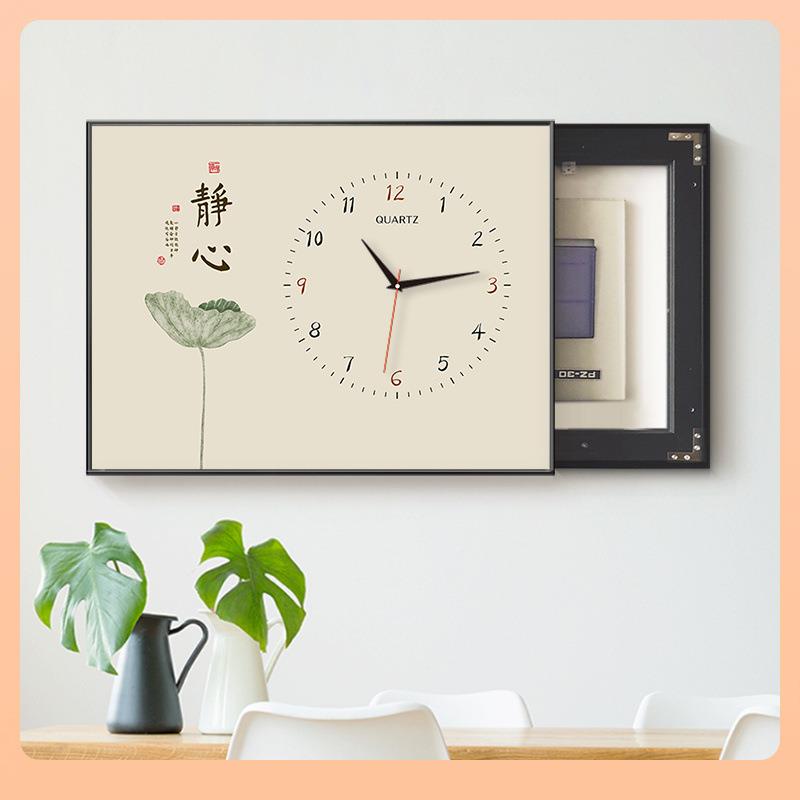 ◁新中式电表箱装饰画带钟表新款弱电箱遮挡时钟免打孔开关盒挂画