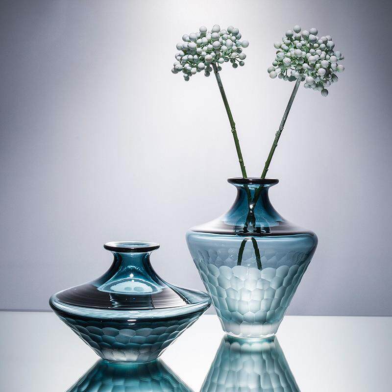 浅蓝磨刻细脖玻璃花瓶 水培富贵竹花器家居装饰摆件工艺品