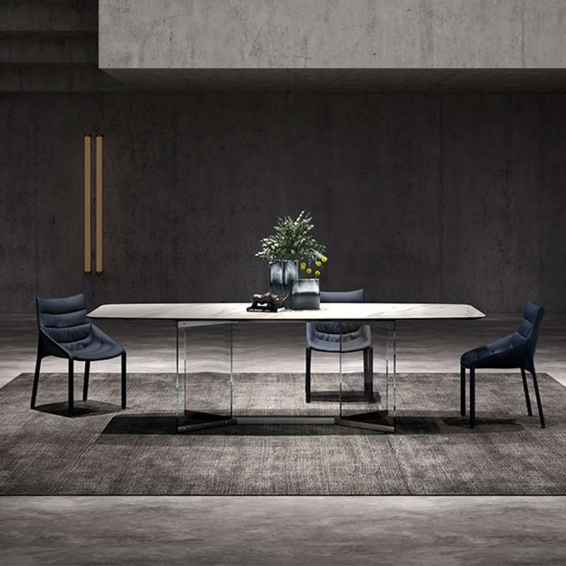 意大利进口岩板创意钢化玻璃底座现代长方形极简轻奢餐桌家用小户