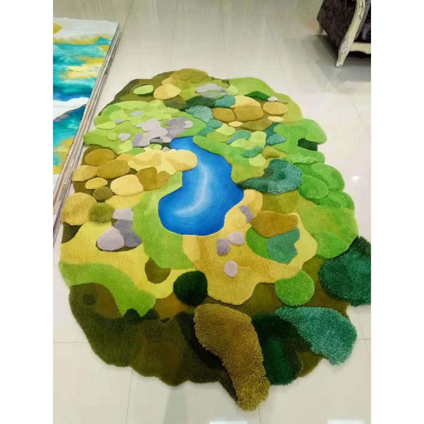 蓝绿色草坪高档手工地毯纯羊毛加厚长毛地毯风景图案厂家直销