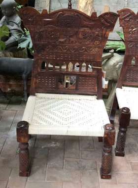 中古印度Pida椅高靠背实木雕花编织手工古董沙发椅子复古绳编椅子
