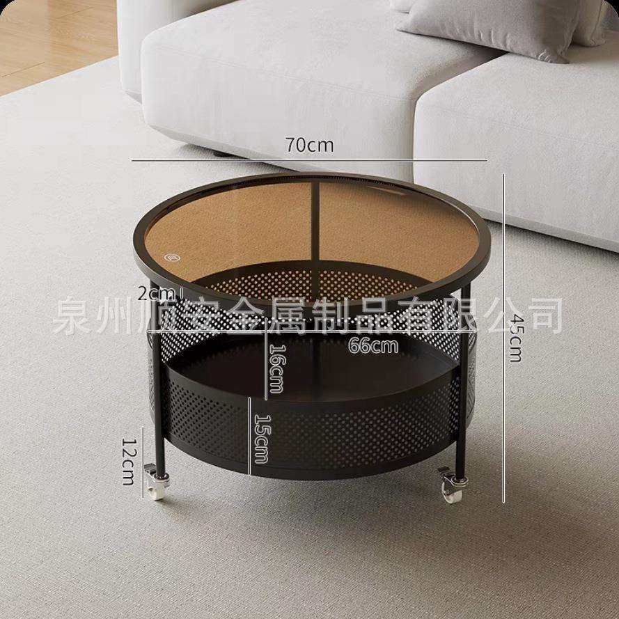 法式奶油风网红玻璃茶几2024小户型客厅家用现代简约可移动带轮金
