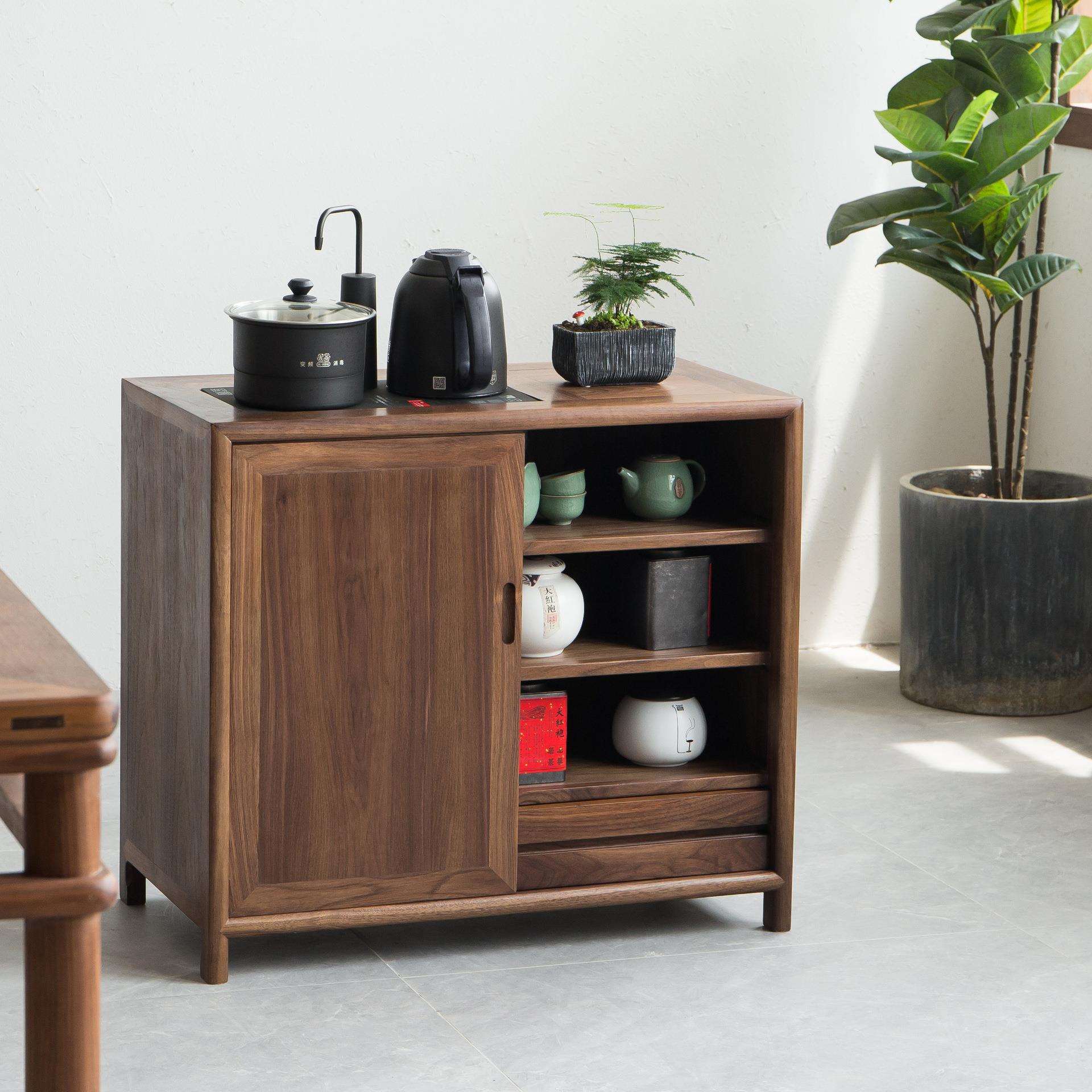 简木新中式老榆木茶水柜实木黑胡桃现代简约客厅茶边柜烧水柜一体