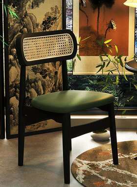 中古风藤编餐椅南洋复古实木餐桌椅靠背法式休闲椅感绿色凳J&